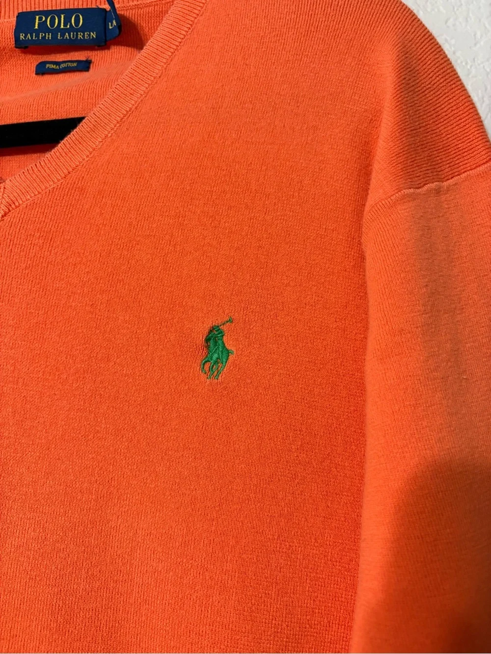 Men’s Polo Ralph Lauren Orange V-Neck Pima Cotton Sweater with Green Pony L